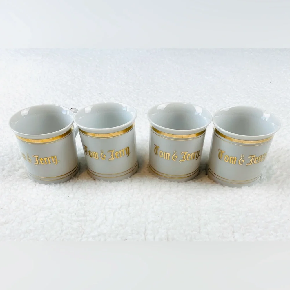 (VTG) TOM & JERRY • Set of 4 White and Gold Tea Cups